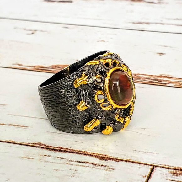 Artisan Black Opal Sterling & 14 kt Gold Ring - Picture 5 of 9